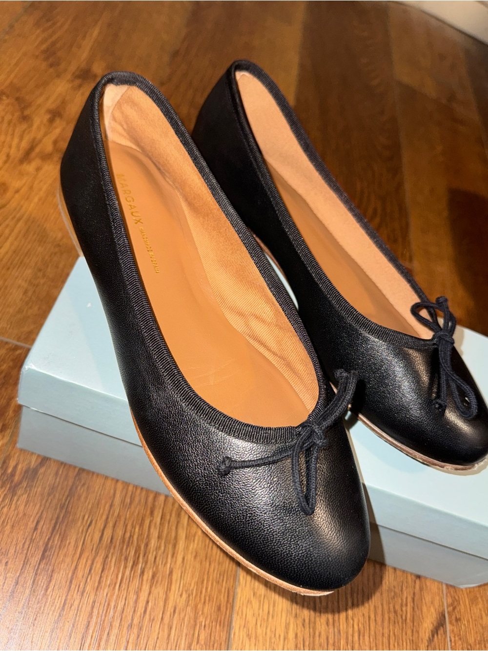 Margaux Black Leather Ballet Flats with Bow - Picture 8 of 8